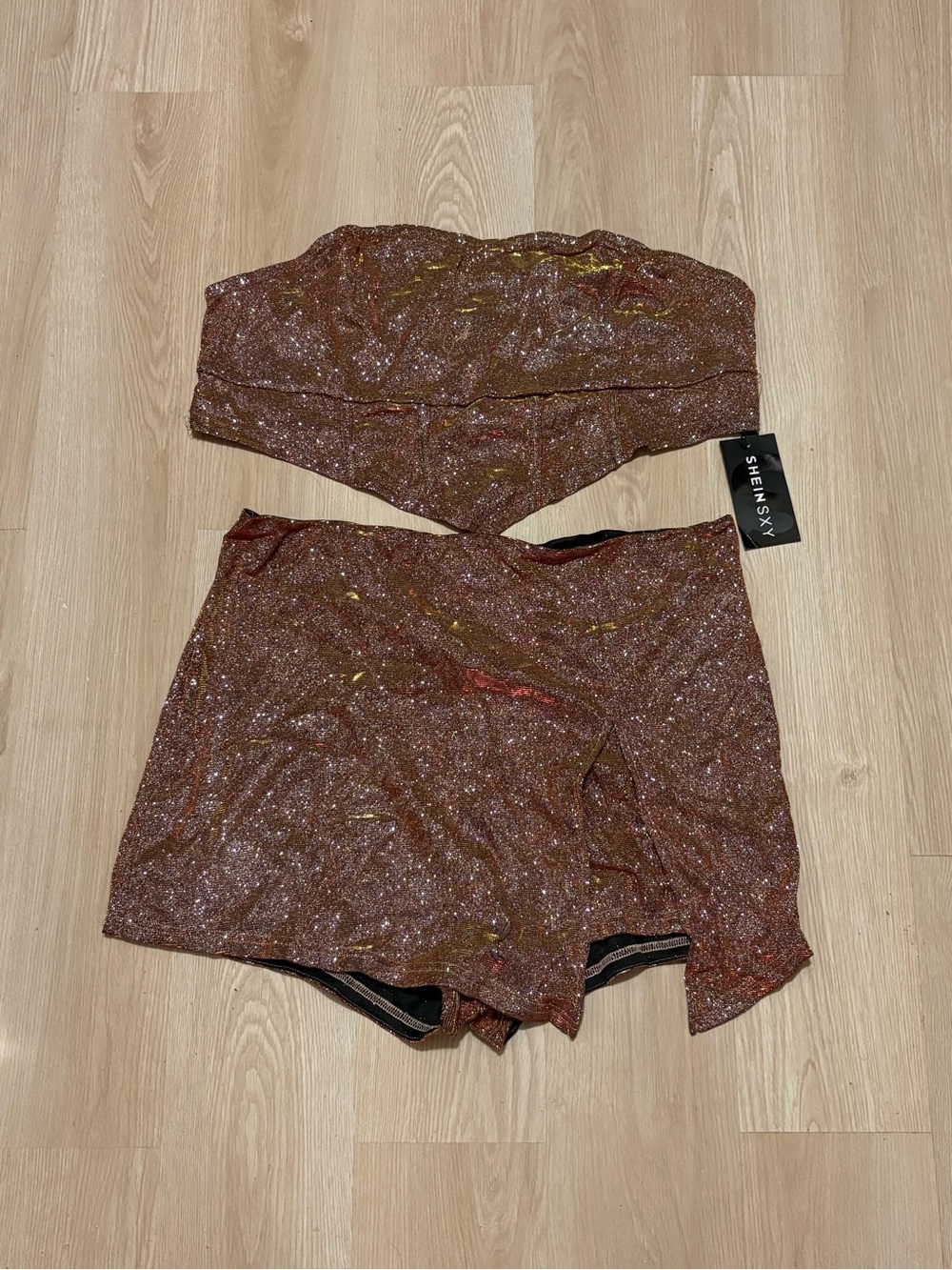 SHEIN Glittery Brown Strapless Two-Piece Set